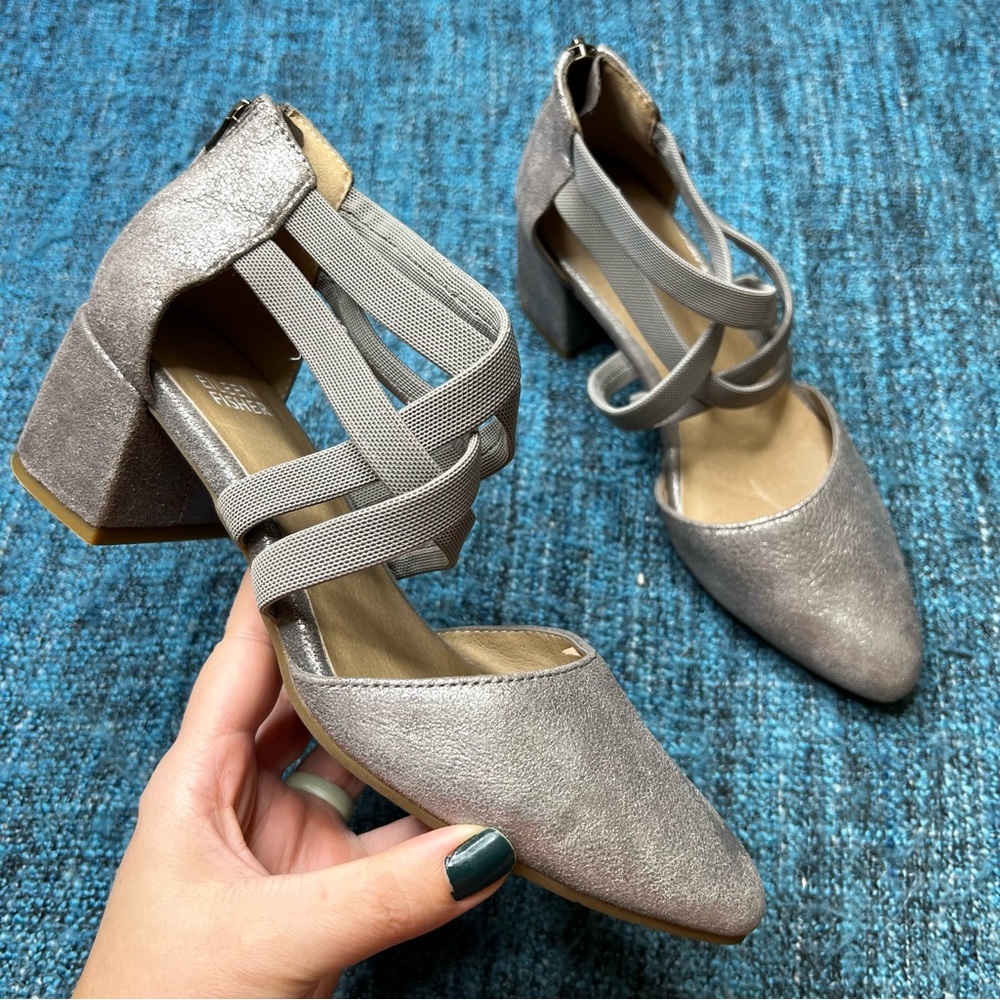 Eileen Fisher Juku Leather Criss Cross Ankle Strap Heels in Mica Silver Size 6